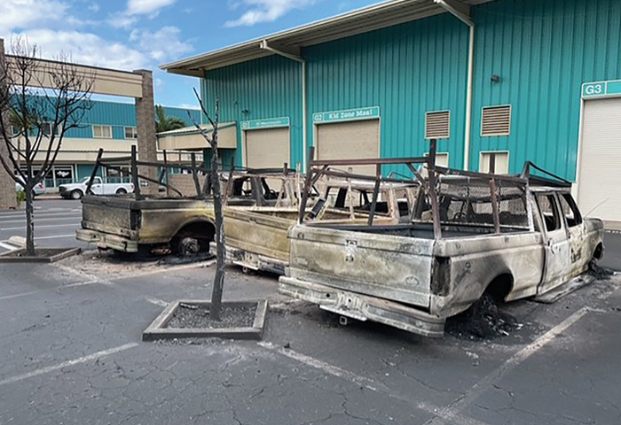 fire damaged trucks