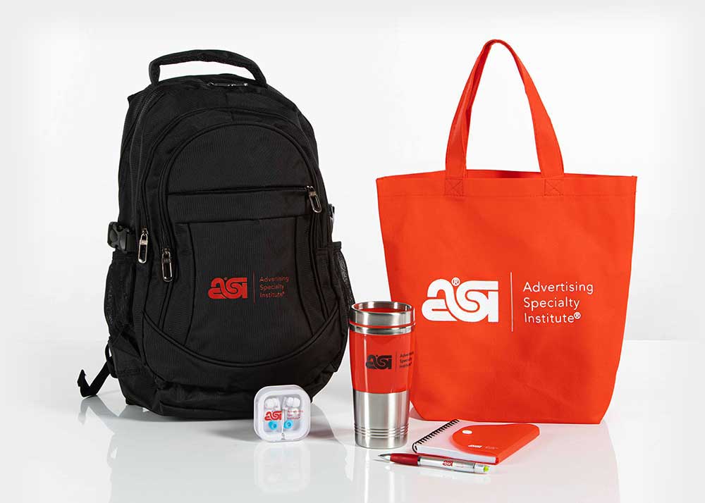 What are promotional items? From logoed hats to bags, promo products include any item that can be imprinted with a logo. Image shows an assortment of promotional products.